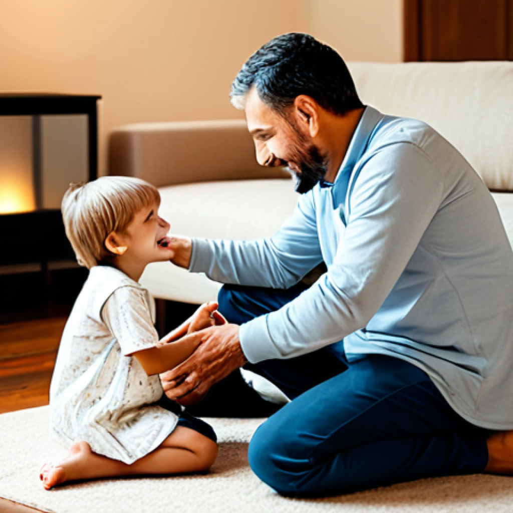 A kind male parent and a young child (around 6-8 years old) engaging in heartfelt conversation in a cozy living room. The parent is kneeling, making eye contact, and actively listening with a gentle, supportive expression as the child speaks, perhaps holding a simple drawing. The scene is bathed in soft, warm lighting. The parent is in modest casual wear, and the child is in modest everyday clothing. Professional photography, high quality, soft focus, warm tones, fully clothed, modest clothing, appropriate attire, professional dress, safe for work, appropriate content, family-friendly, perfect anatomy, correct proportions, natural pose, well-formed hands, proper finger count, natural body proportions.