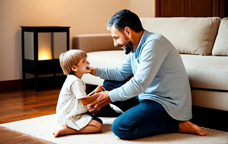 A kind male parent and a young child (around 6-8 years old) engaging in heartfelt conversation in a cozy living room. The parent is kneeling, making eye contact, and actively listening with a gentle, supportive expression as the child speaks, perhaps holding a simple drawing. The scene is bathed in soft, warm lighting. The parent is in modest casual wear, and the child is in modest everyday clothing. Professional photography, high quality, soft focus, warm tones, fully clothed, modest clothing, appropriate attire, professional dress, safe for work, appropriate content, family-friendly, perfect anatomy, correct proportions, natural pose, well-formed hands, proper finger count, natural body proportions.
