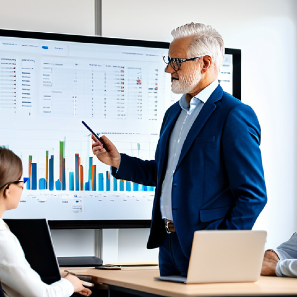 **
A professional senior leader in a modern, bright office, fully clothed in appropriate business attire. He's analyzing data visualizations (graphs, charts) on a large screen, with a team of younger colleagues around him offering input. The scene emphasizes collaboration and data-driven decision making. Safe for work, appropriate content, perfect anatomy, natural proportions, professional setting, modest clothing.
**