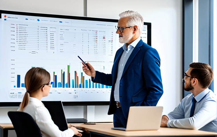 **

A professional senior leader in a modern, bright office, fully clothed in appropriate business attire. He's analyzing data visualizations (graphs, charts) on a large screen, with a team of younger colleagues around him offering input. The scene emphasizes collaboration and data-driven decision making. Safe for work, appropriate content, perfect anatomy, natural proportions, professional setting, modest clothing.

**