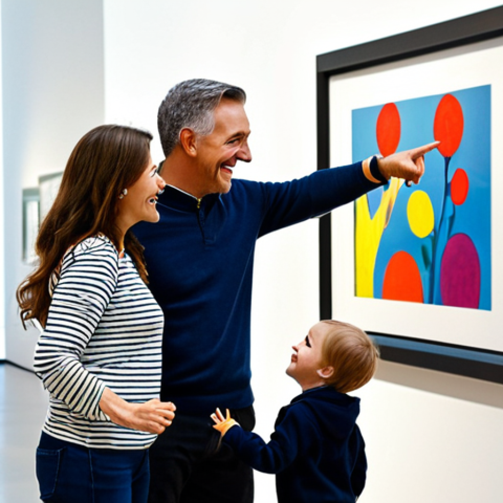 Museum Adventure**
A family (mother, father, child) interacting with an art exhibit in a modern art museum, fully clothed, appropriate attire, safe for work. The child is pointing at a colorful painting, the parents are smiling and engaged. The museum has high ceilings and natural light. Focus on the expressions of wonder and excitement. Perfect anatomy, correct proportions, well-formed hands, natural pose, professional photography, high quality, family-friendly.
**