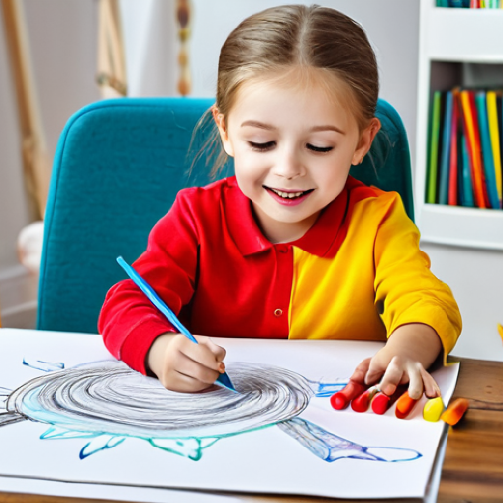 **

"A child happily drawing with crayons on a large sheet of paper, surrounded by colorful art supplies, fully clothed, appropriate attire, safe for work, perfect anatomy, natural proportions, family-friendly, vibrant colors, cheerful atmosphere, well-lit room."

**