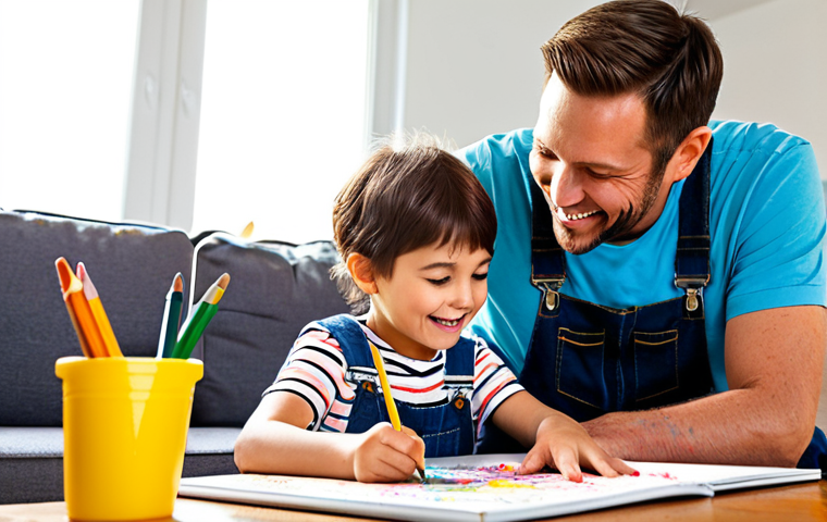 **

"A young child, around 6 years old, fully clothed in a colorful, paint-splattered overall, is smiling while drawing on a large sketchbook with crayons. A parent, also fully clothed in casual attire, sits next to them, offering encouragement. The scene is set in a bright, sunlit living room with art supplies scattered around. Safe for work, appropriate content, professional quality, perfect anatomy, correct proportions, natural pose, well-formed hands, proper finger count, natural body proportions, modest and family-friendly."

**