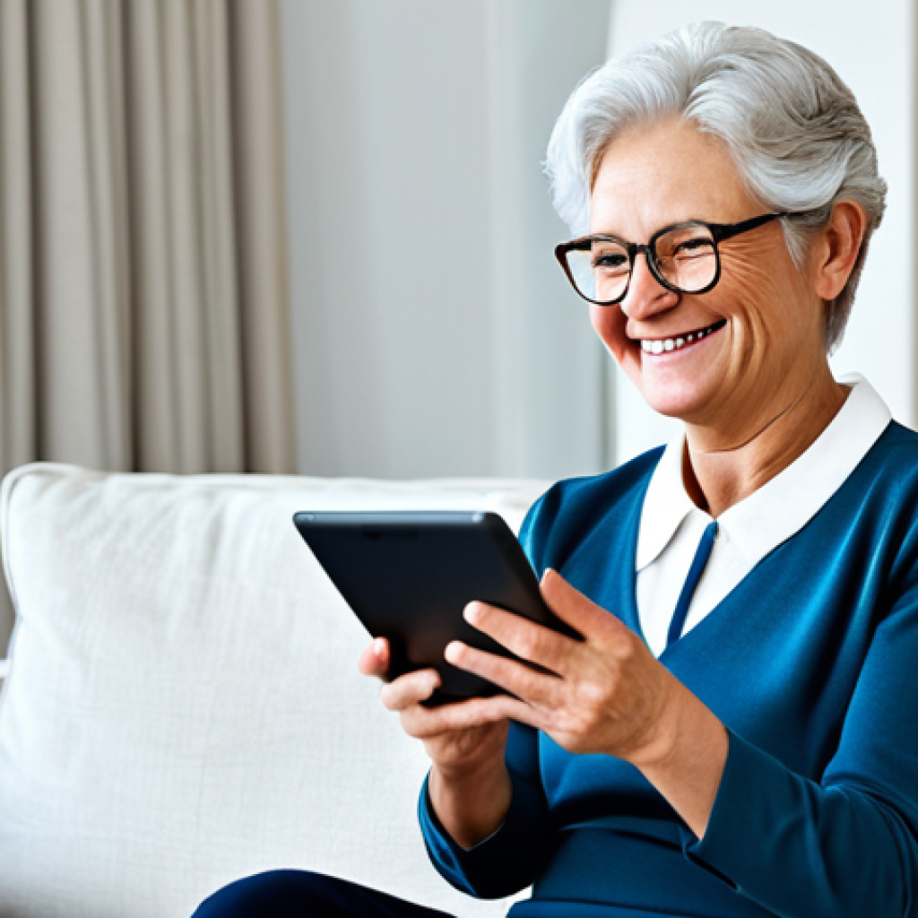 **
"A senior woman, fully clothed in a modest, professional outfit, smiling warmly while using a tablet in a bright, modern living room. Safe for work, appropriate content, perfect anatomy, natural proportions, well-formed hands, family-friendly, showcasing digital literacy among seniors."
**
