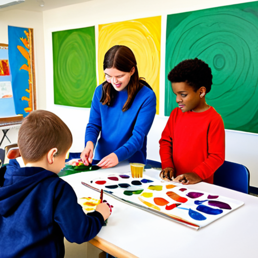 Art & Creativity**

A diverse group of children, fully clothed in casual, colorful clothing, are working together on a large mural in a bright, sunny classroom. They are painting, drawing, and using various art supplies. The mural depicts a fantastical landscape. Safe for work, appropriate content, modest, family-friendly. Perfect anatomy, correct proportions, natural pose, well-formed hands, proper finger count, natural body proportions, professional.

**