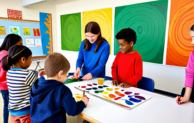 Art & Creativity**

A diverse group of children, fully clothed in casual, colorful clothing, are working together on a large mural in a bright, sunny classroom. They are painting, drawing, and using various art supplies. The mural depicts a fantastical landscape. Safe for work, appropriate content, modest, family-friendly. Perfect anatomy, correct proportions, natural pose, well-formed hands, proper finger count, natural body proportions, professional.

**