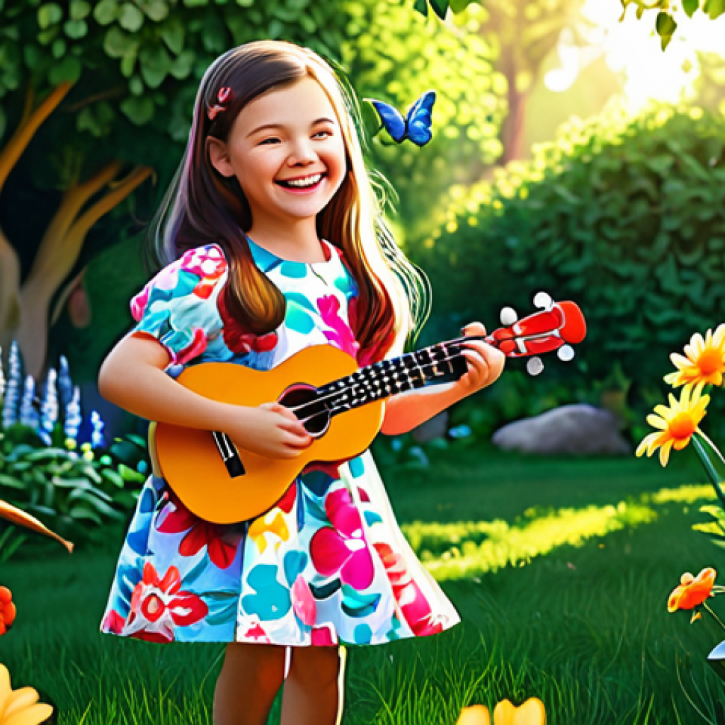 어린이 창작 음악 - **Prompt:** A young girl with a bright smile, fully clothed in a colorful, modest dress, playing a u...