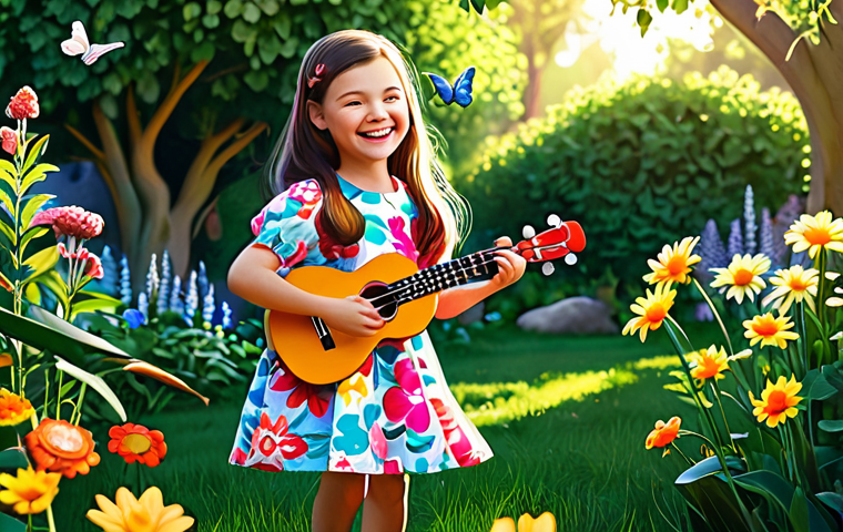 어린이 창작 음악 - **Prompt:** A young girl with a bright smile, fully clothed in a colorful, modest dress, playing a u...