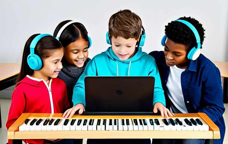 어린이 창작 음악 - **Prompt:** A young girl with a bright smile, fully clothed in a colorful, modest dress, playing a u...