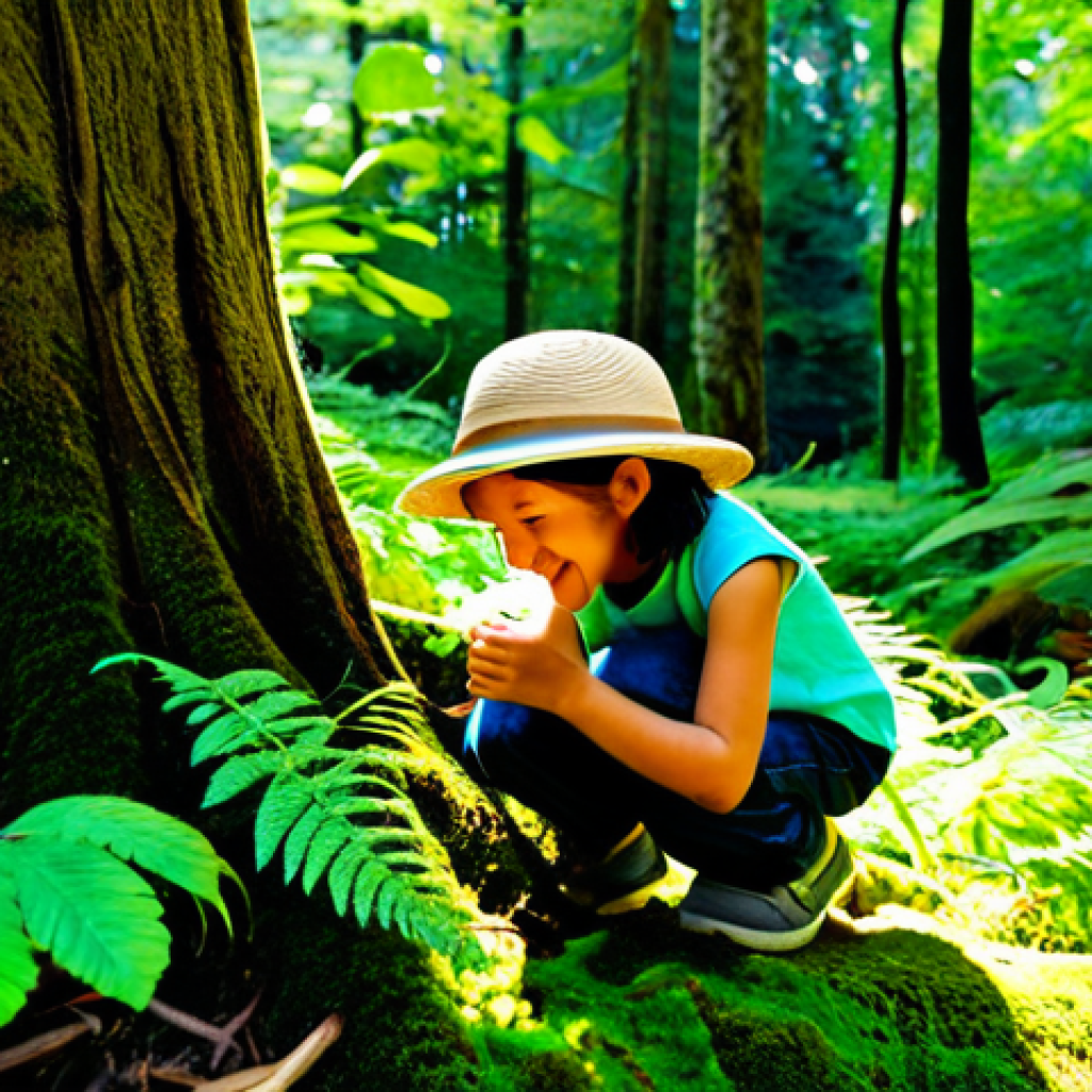 어린이 체험 활동 - **Prompt 1: Joyful Forest Explorers Discovering Nature's Wonders**
A group of diverse children, ...