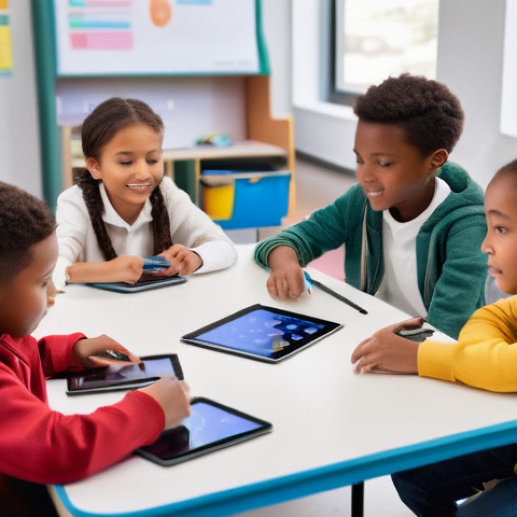 아동 리더십 훈련 - A diverse group of elementary school children (ages 8-12), including boys and girls, engaged in a co...
