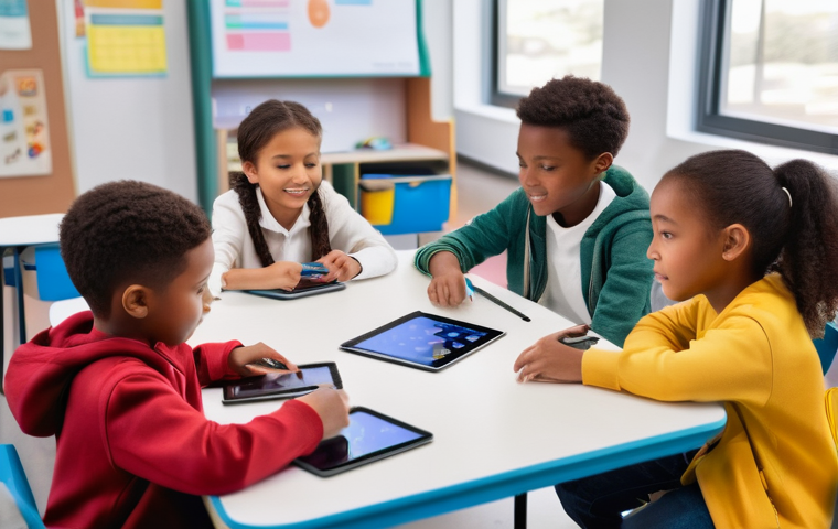 아동 리더십 훈련 - A diverse group of elementary school children (ages 8-12), including boys and girls, engaged in a co...
