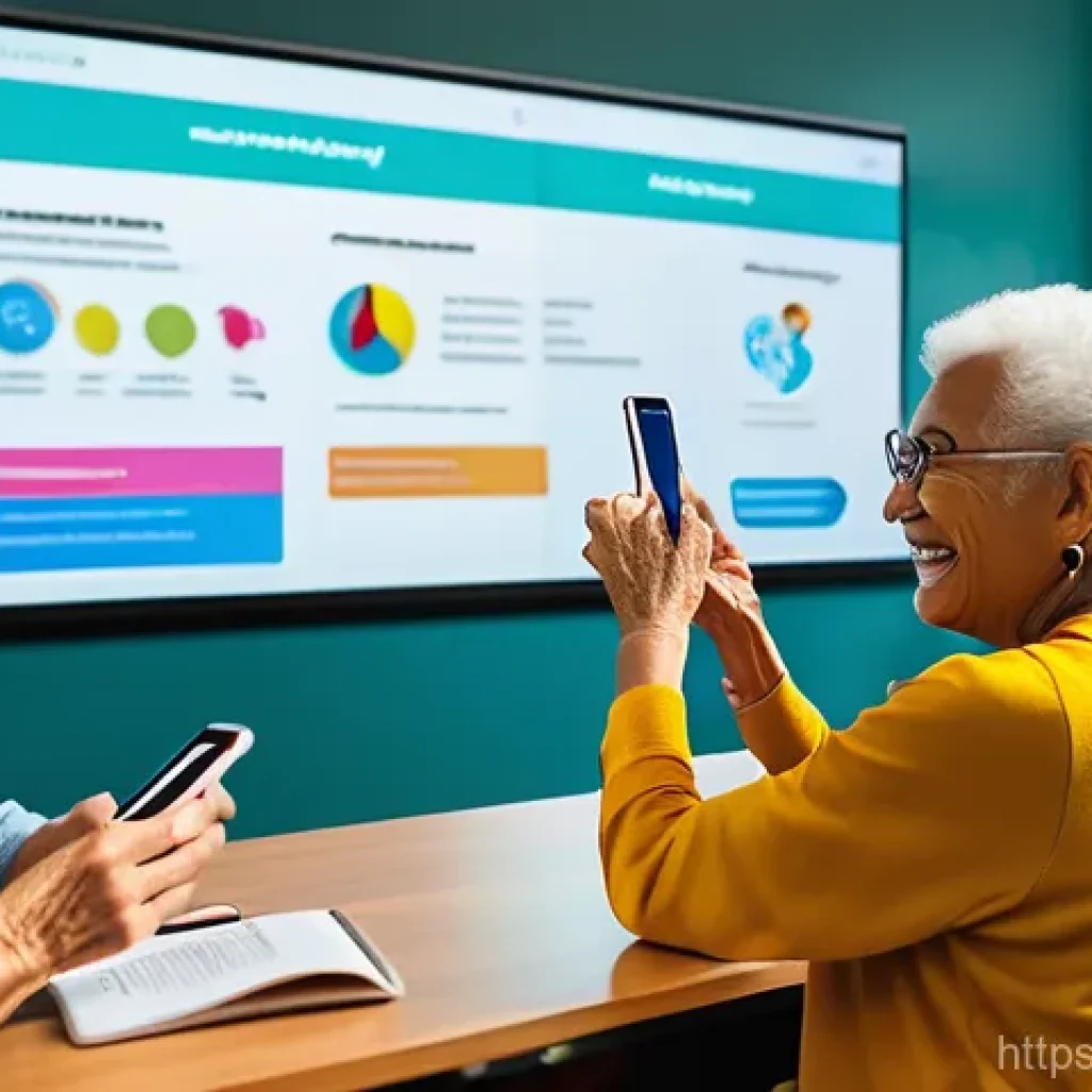 노인 복지 교육 - **"A vibrant and modern community center classroom where a diverse group of smiling elderly people, ...