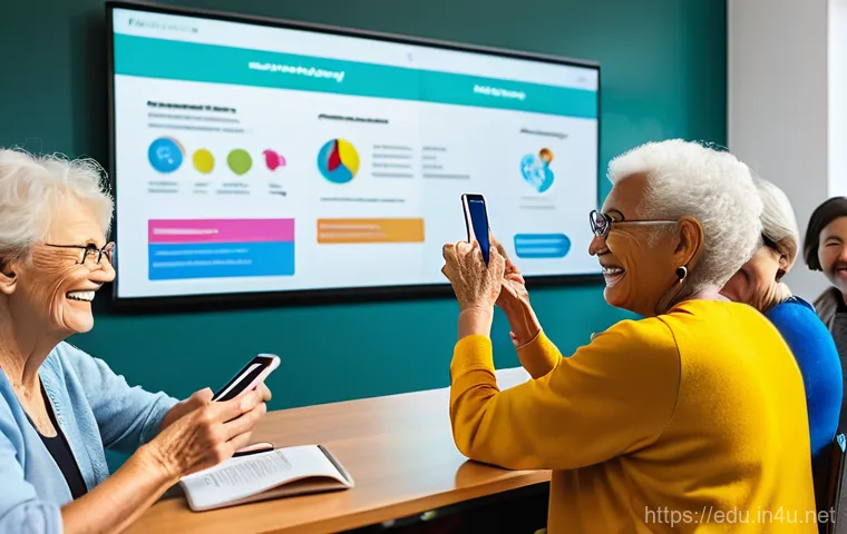 노인 복지 교육 - **"A vibrant and modern community center classroom where a diverse group of smiling elderly people, ...