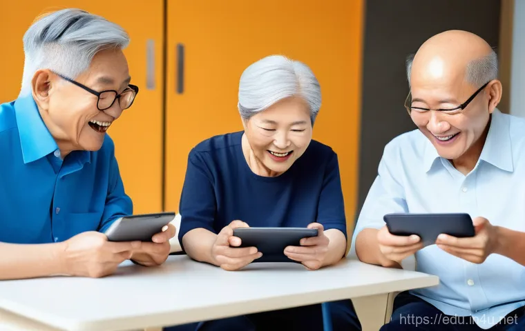 시니어 정신 훈련 - A group of diverse Korean seniors, both men and women, aged 60s to 80s, happily engaged in playing b...